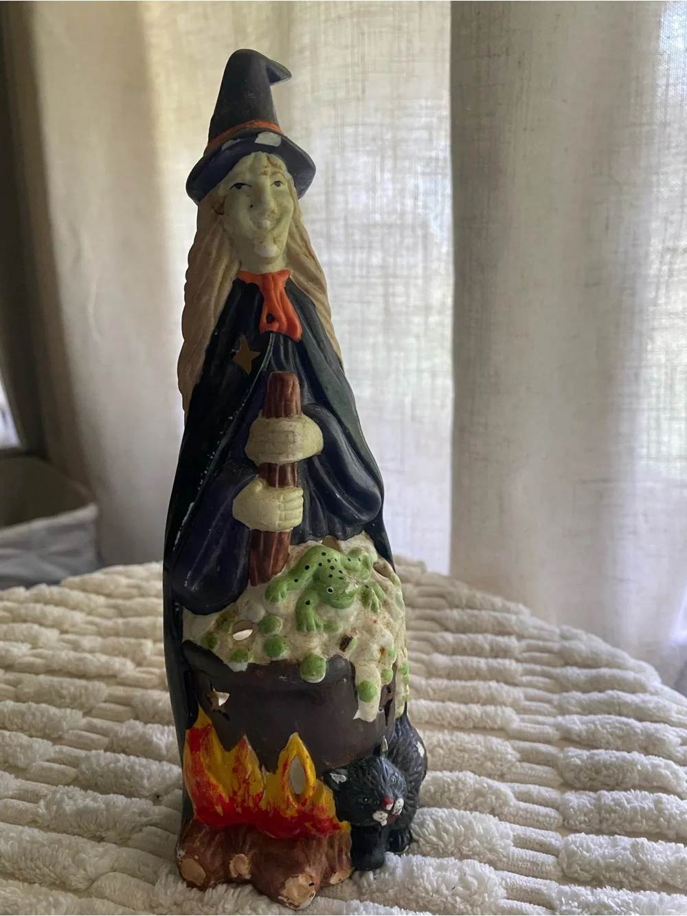 Vintage Handpainted Ceramic Witch Cauldron Black Cat Tealight Candle Holder